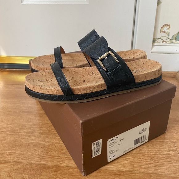Coach New Women’s Size 9 Sunny Cut Snake Black Leather Cork Sandal Slides NIB - Picture 3 of 14
